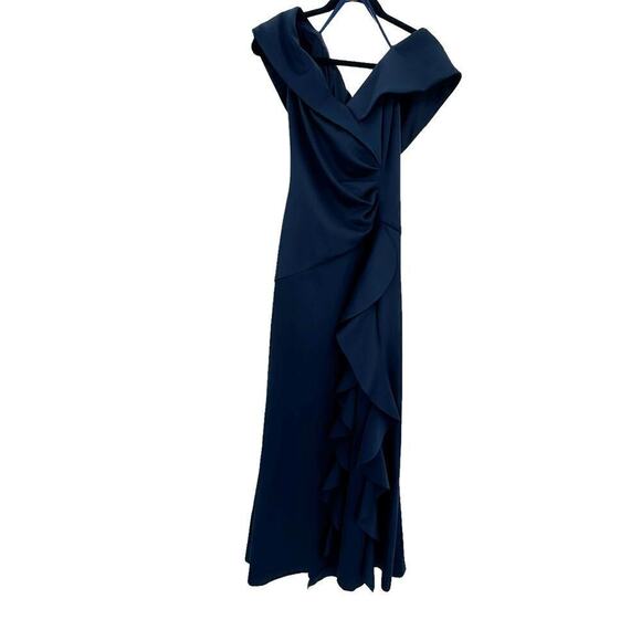 XSCAPE Ruffle Off the Shoulder Scuba Knit Gown Midnight Blue Size 12 NWOT - Picture 7 of 11